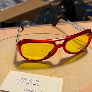 NWOT PLASTIC & METAL MODERN DESIGN RED FRAME/AMBER Lenses